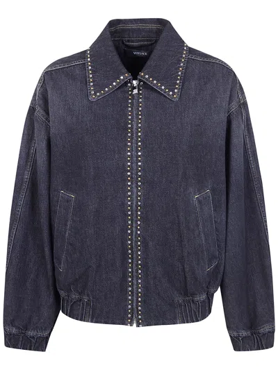 Versace Denim Jacket Elasticated Cuffs Hem Pockets Studs In Gray
