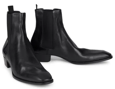 Saint Laurent Leather Chelsea Stanton Ankle Boots Low Heel In Black