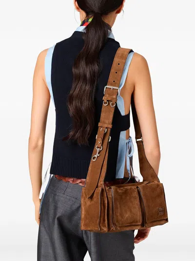 Miu Miu Suede Utilitaire Crossbody Bag Adjustable Strap In Brown