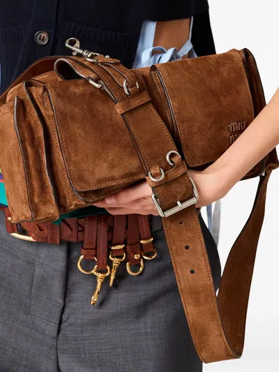 Miu Miu Suede Utilitaire Crossbody Bag Adjustable Strap In Brown