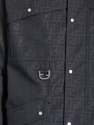 Fendi Ff-pattern Leather-trimmed Jacket In Blue