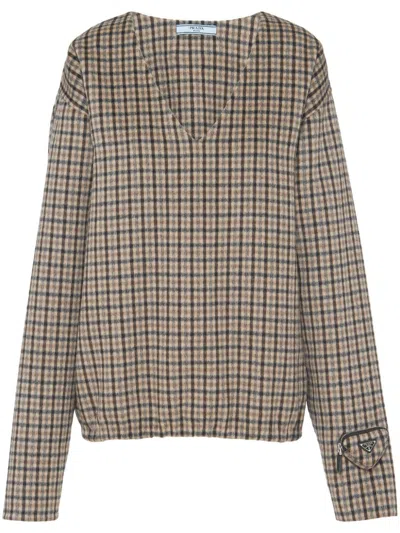 Prada Check Pattern V-neck Angora-virgin Wool Blend Top In Gray