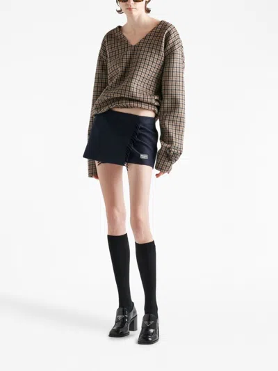 Prada Check Pattern V-neck Angora-virgin Wool Blend Top In Gray