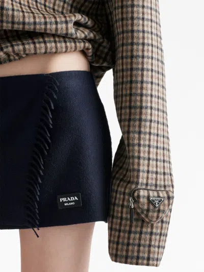 Prada Check Pattern V-neck Angora-virgin Wool Blend Top In Gray