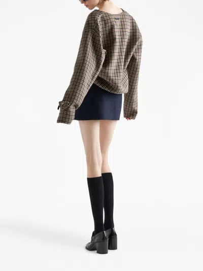 Prada Check Pattern V-neck Angora-virgin Wool Blend Top In Gray
