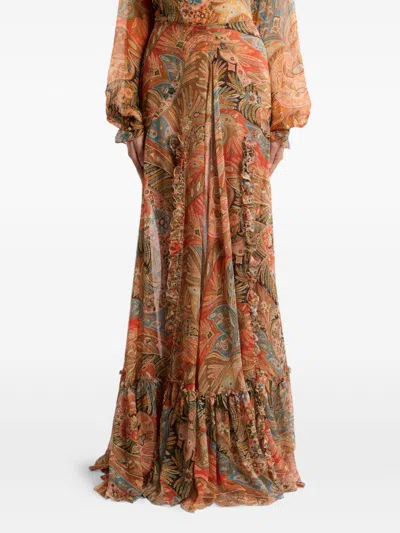 Etro Paisley Print Ruffle Silk Chiffon Maxi Skirt In Multi