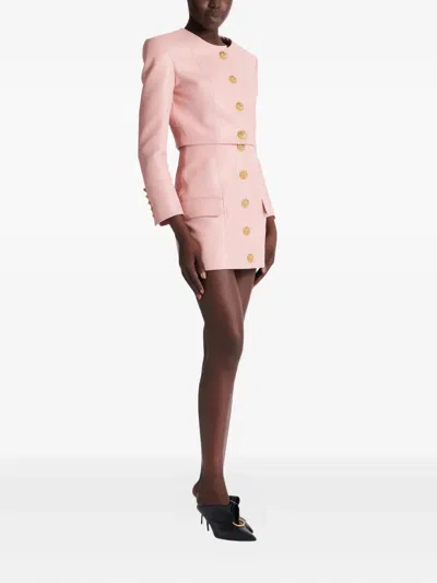 Balmain Women Long Sleeves Buttoned Lambskin Cropped Jacket In Pink