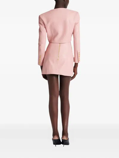 Balmain Women Long Sleeves Buttoned Lambskin Cropped Jacket In Pink