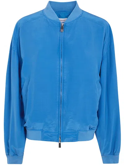 Versace Relaxed Fit Silk Jacket With Embroidered Logo And Zipper Closure In Blue