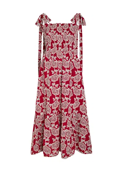 Erdem Floral Embroidered Tiered Cotton Blend Midi Sundress In Red