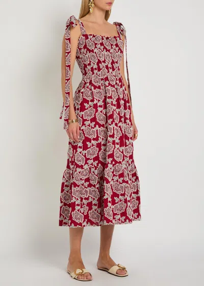 Erdem Floral Embroidered Tiered Cotton Blend Midi Sundress In Red
