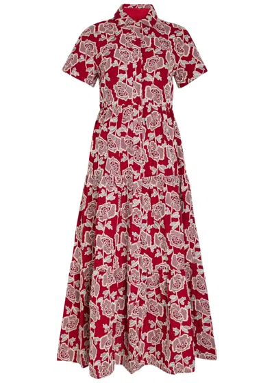 Erdem Womens Cherry Floral-embroidered Tiered Cotton-blend Midi Dress In Red
