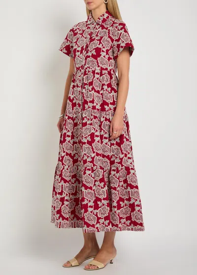Erdem Womens Cherry Floral-embroidered Tiered Cotton-blend Midi Dress In Red