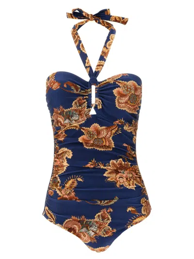 Zimmermann Aster Printed Halterneck Stretch-polyamide Swimsuit In Blue