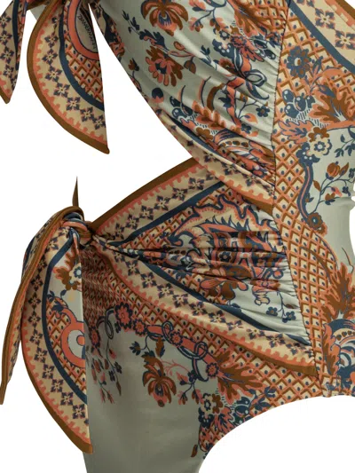 Zimmermann Aster Scarf Tie One-piece Swimsuit Blue Paisley Floral In Brown