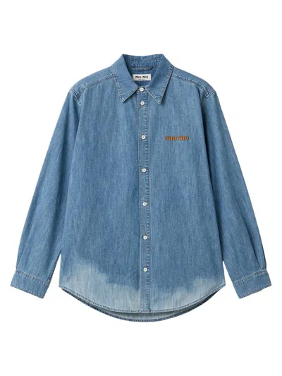 Miu Miu Logo Embroidery Chambray Denim Shirt In Animal Print