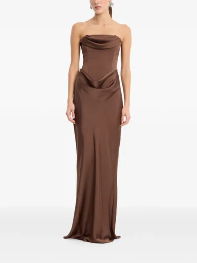 Rotate Birger Christensen Abito Lungo Corsage Chicory Coffee In Brown