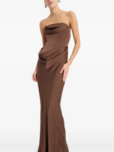 Rotate Birger Christensen Abito Lungo Corsage Chicory Coffee In Brown