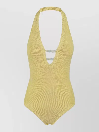 Hunza G Adriana Beaded Halterneck Crinkle Swimsuit In Yellow