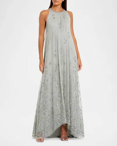 Mac Duggal High Neck Floral Embellished Mesh Trapeze Gown In Gray