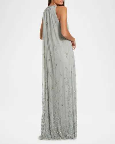 Mac Duggal High Neck Floral Embellished Mesh Trapeze Gown In Gray