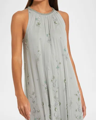 Mac Duggal High Neck Floral Embellished Mesh Trapeze Gown In Gray