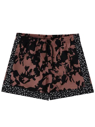 Dries Van Noten Abstract Floral Polyamide Geometric Trim Swim Shorts In Brown