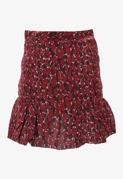 Saint Laurent Asymmetric Hem Abstract Pattern Ruffle Skirt In Red