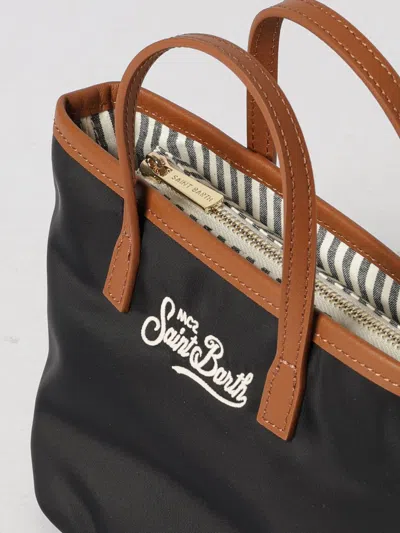 Mc2 Saint Barth Rectangular Tote Bag With Contrasting Brown Handles And White Script Logo In Black