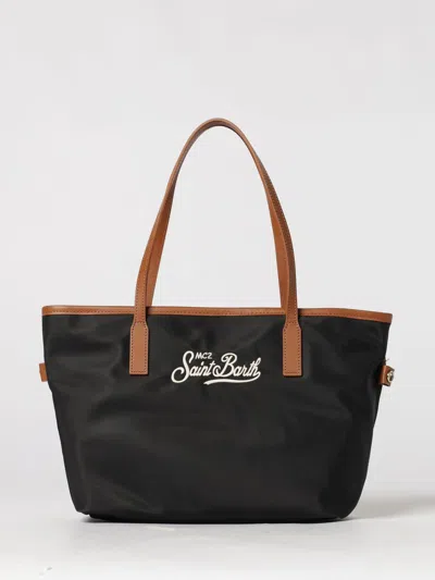 Mc2 Saint Barth Rectangular Tote Bag With Contrasting Brown Handles And White Script Logo In Black