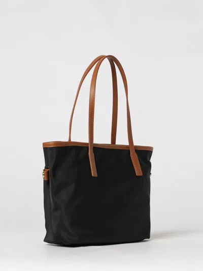 Mc2 Saint Barth Rectangular Tote Bag With Contrasting Brown Handles And White Script Logo In Black