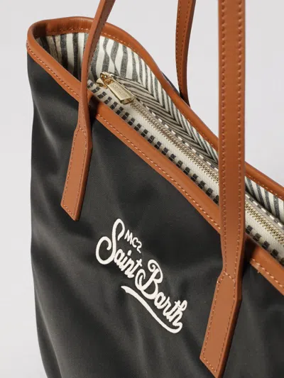 Mc2 Saint Barth Rectangular Tote Bag With Contrasting Brown Handles And White Script Logo In Black