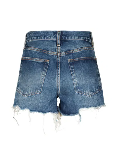 Frame The Long Hang Frayed Denim Shorts In Blue