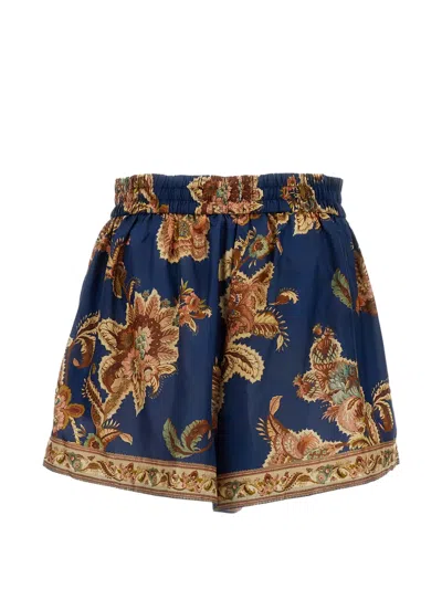 Zimmermann Aster Shorts Elastic Waistband Floral Trim Pockets In Blue