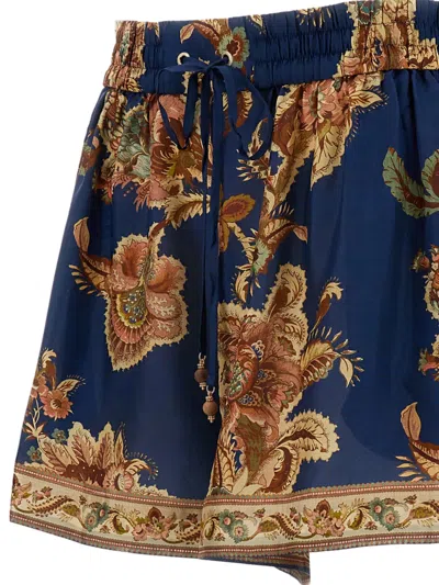 Zimmermann Aster Shorts Elastic Waistband Floral Trim Pockets In Blue