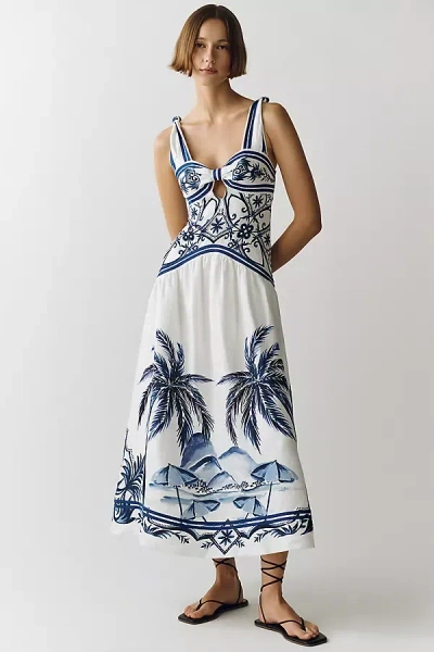 Farm Rio Fitted Linen Long Dress With Wonderful City Print And Striped Shoulder Straps In White