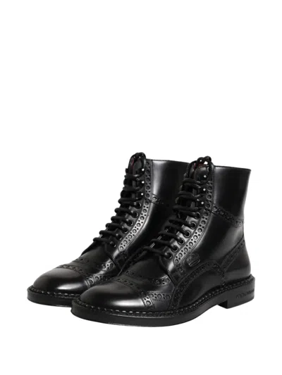Dolce & Gabbana Black Leather Lace Up Mid Calf Boots Shoes In Black