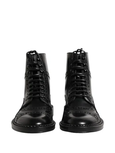 Dolce & Gabbana Black Leather Lace Up Mid Calf Boots Shoes In Black