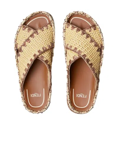 Fendi Beige Raffia-effect Material Slides In Multi