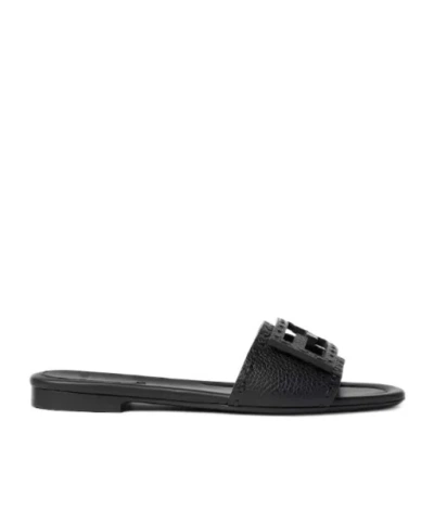 Fendi Flat Sole Open Toe Textured Strap Slides In Black