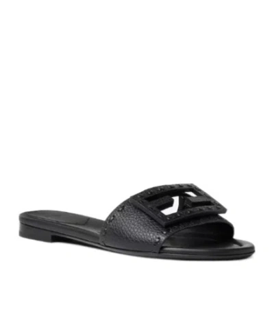 Fendi Flat Sole Open Toe Textured Strap Slides In Black