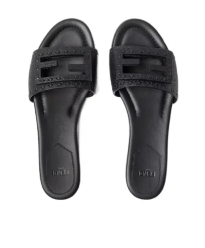 Fendi Flat Sole Open Toe Textured Strap Slides In Black