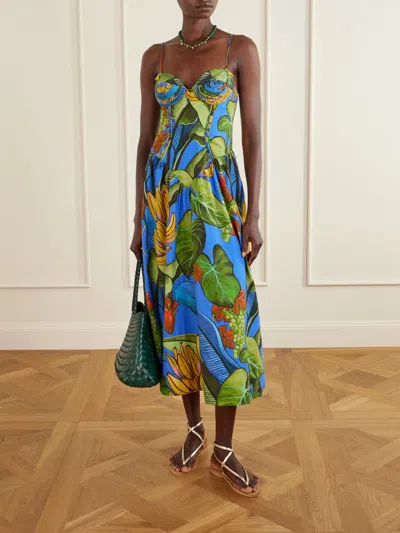 Farm Rio Blue Banana Grapes 3d Bodice Sleeveless Maxi Dress In Multi