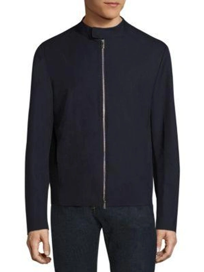 Shop Armani Collezioni Bonded Wool Effect Microfiber Jacket In Solid Blue