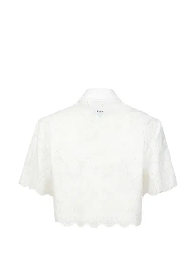 Msgm Delicate Eyelet Cropped Shirt With Scalloped Hemline In White