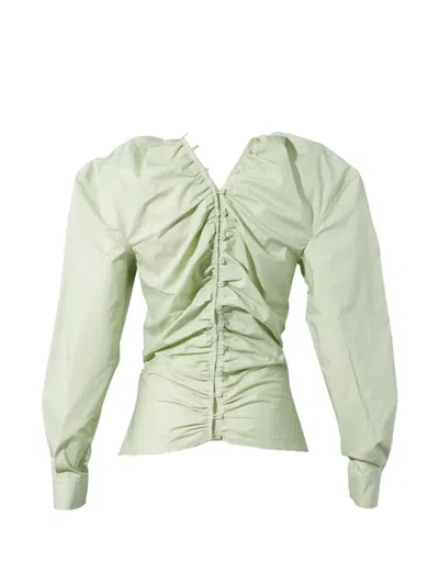 Pushbutton Ruched Button-up Shirt In Green