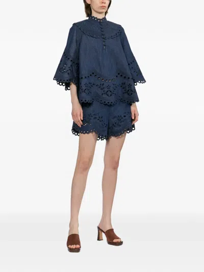 Zimmermann Mahon Broderie Anglaise Denim Shorts In Blue