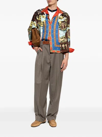 Versace Regular Printed Silk Twill Shirt In Blue