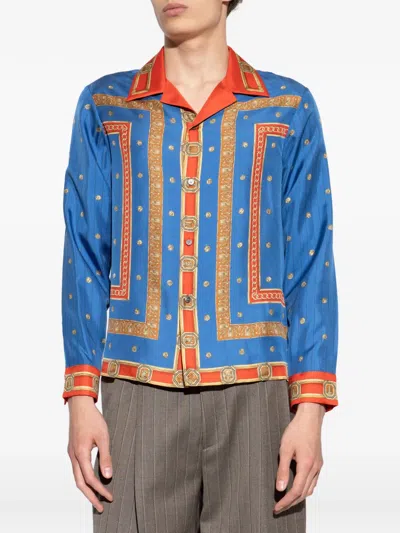 Versace Regular Printed Silk Twill Shirt In Blue