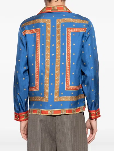 Versace Regular Printed Silk Twill Shirt In Blue